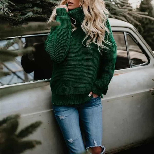 Дамски пуловер с поло яка Зелен - код 00499