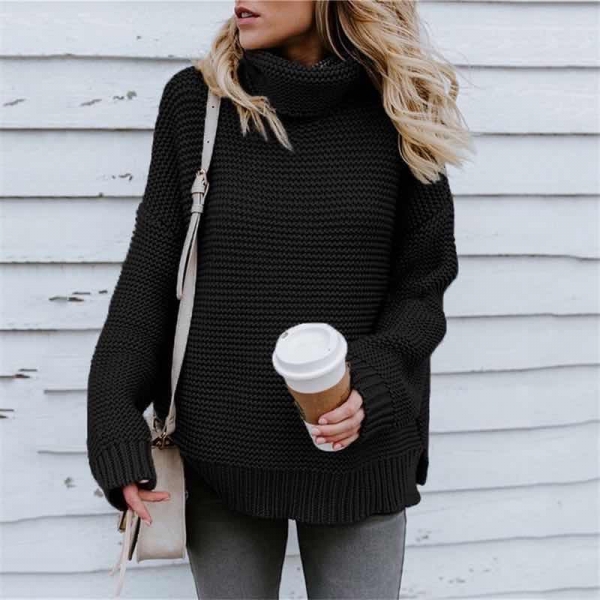 Дамски пуловер с поло яка Черен - код 00499