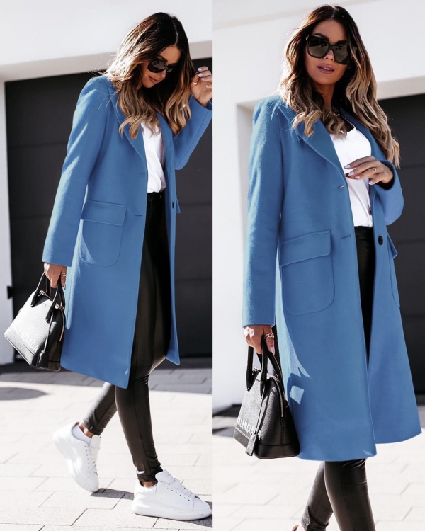 Дамско палто с дължина под коляното и хастар светло син код - 5361