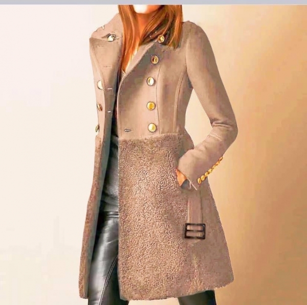 Дамско ефектно палто с хастар бежов код 5416