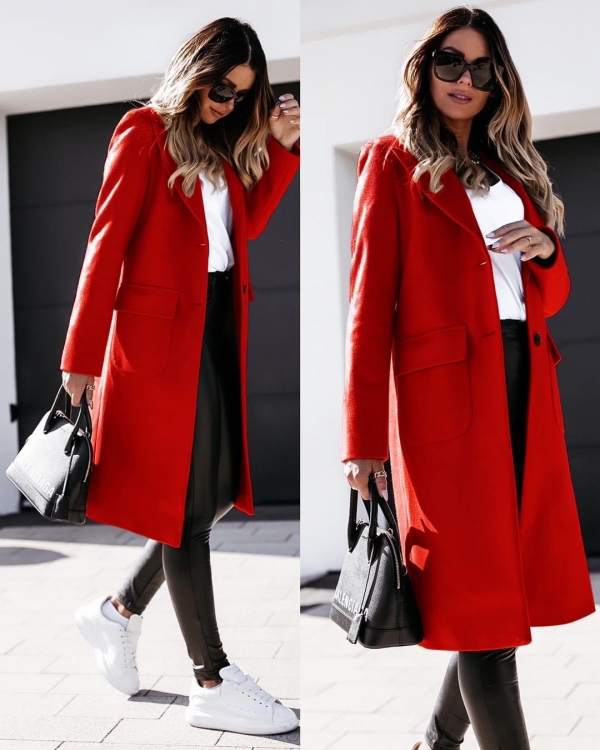 Дамско палто с дължина под коляното и хастар червен код - 5361