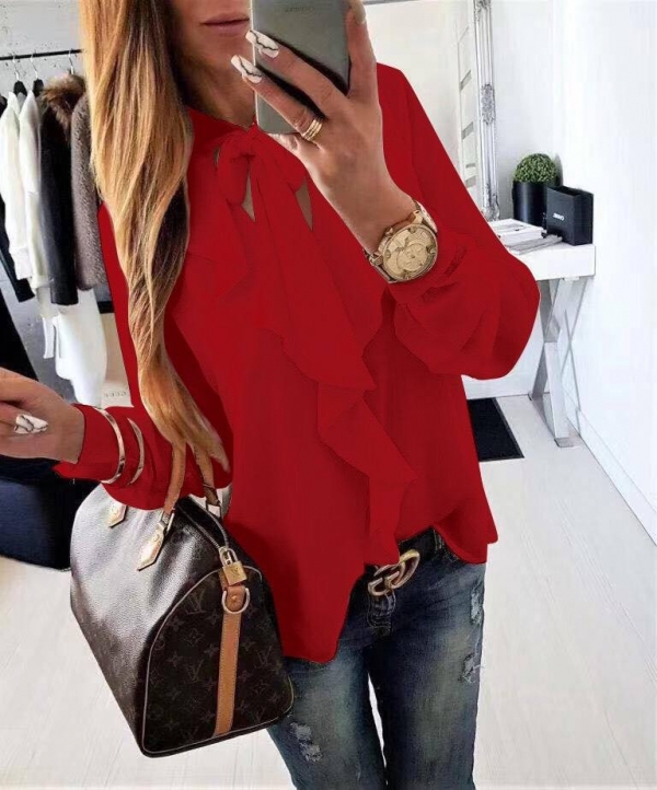 Дамска блуза с панделка на врата 3263 червен