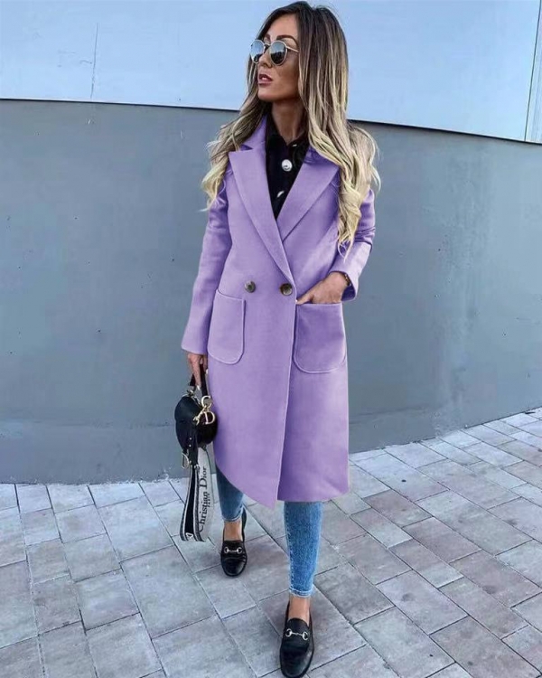 Дамско палто с джобове и хастар 3781 светло лилав