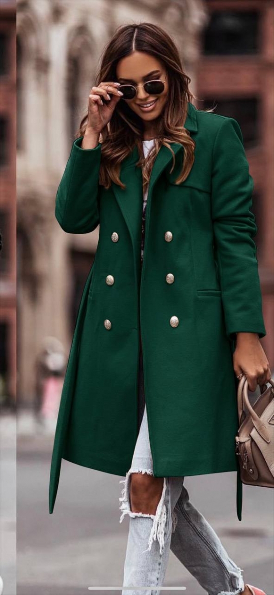 Дамско палто с хастар и двуредно закопчаване 6052 зелен