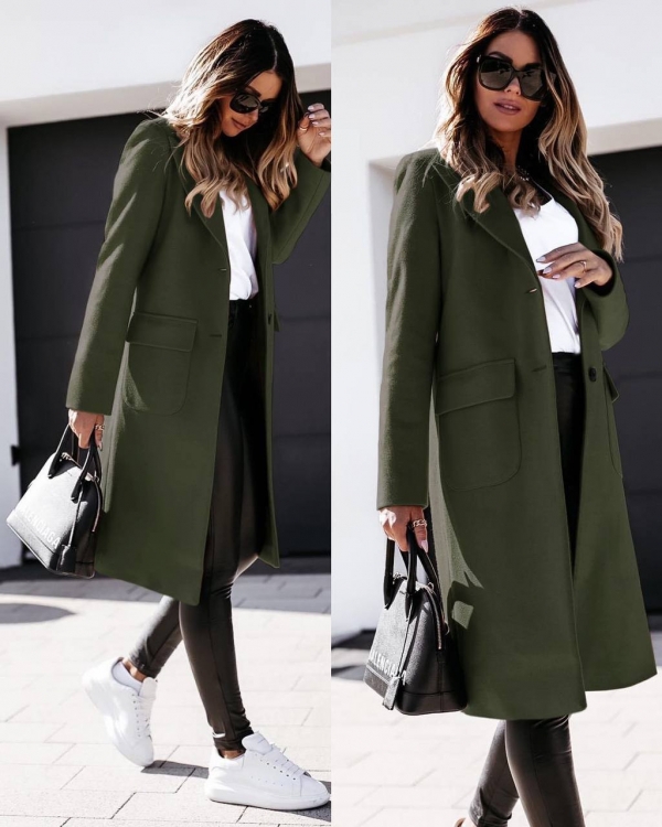 Дамско палто с дължина под коляното и хастар тъмно зелен код - 5361