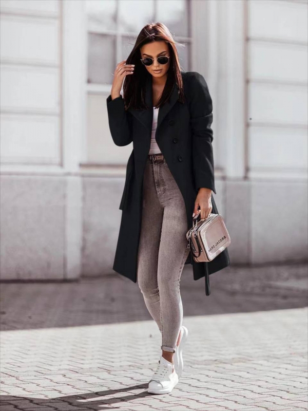 Дамско стилно палто с колан и хастар 6102 черен