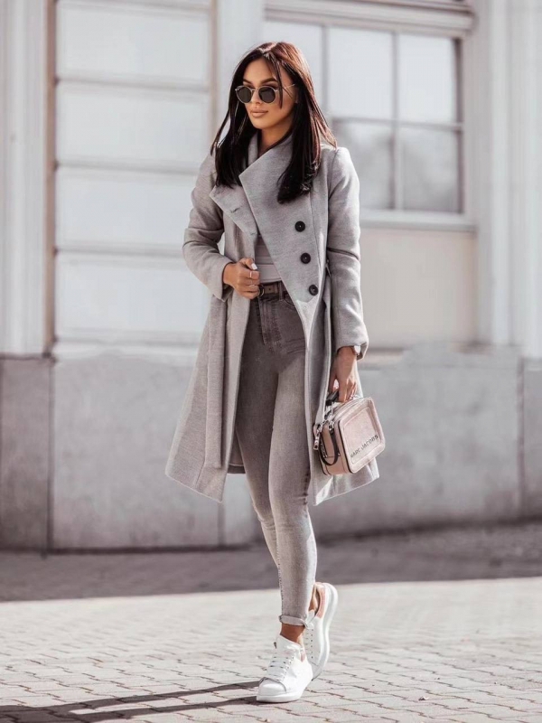 Дамско стилно палто с колан и хастар 6102 сив
