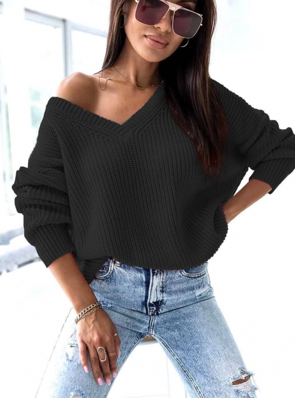 Дамски пуловер с остро деколте 001052 черен