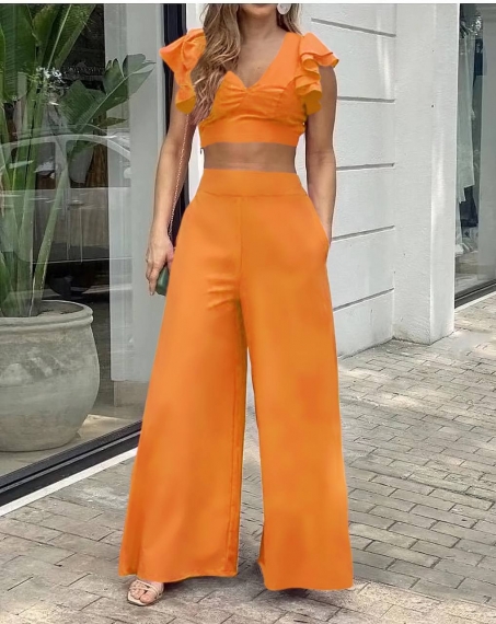 Дамски едноцветен комплект панталон и топ 6390 оранжев