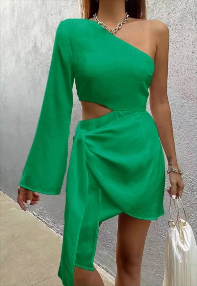 Дамска рокля с един ръкав 6398 зелен
