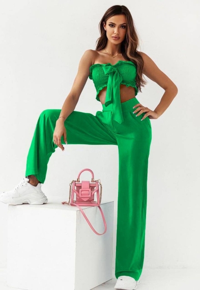 Дамски ленен комплект панталон и топ 4550 зелен