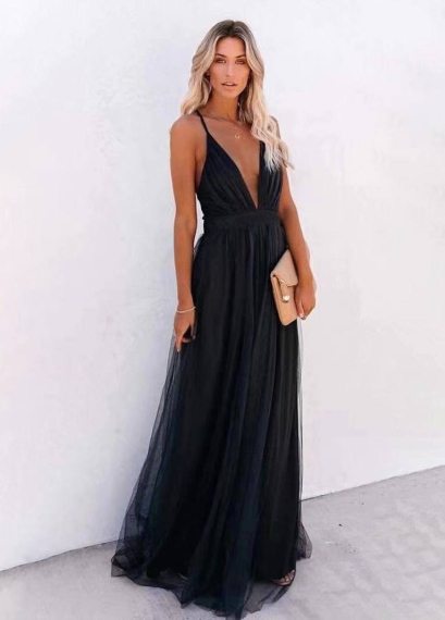 Дамска дълга стилна рокля 3670 черен тюл