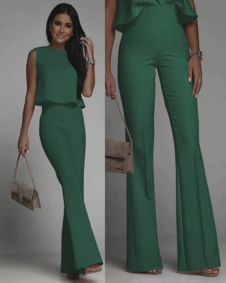 Дамски комплект потник и панталон 6454  тъмно зелен