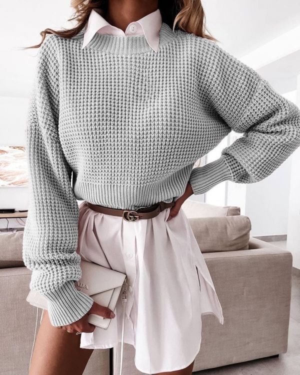 Дамски едноцветен пуловер 00876 сив