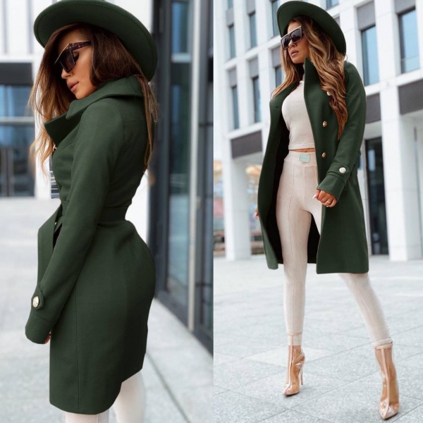 Дамско елегантно палто с хастар 6083 тъмно зелен