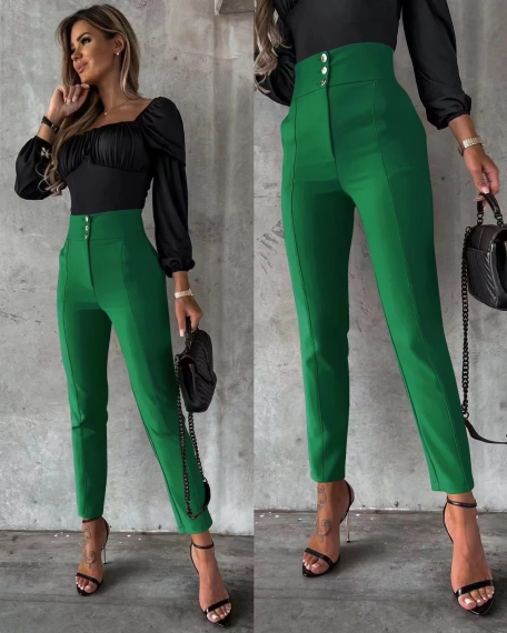 Дамски панталон с висока талия 6790 зелен