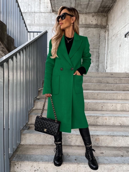 Дамско дълго палто с джобове 6802 зелен