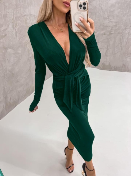 Дамска плюшена рокля с колан 6860 тъмно зелен