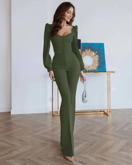 Дамски комплект блуза и панталон A0831 тъмно зелен