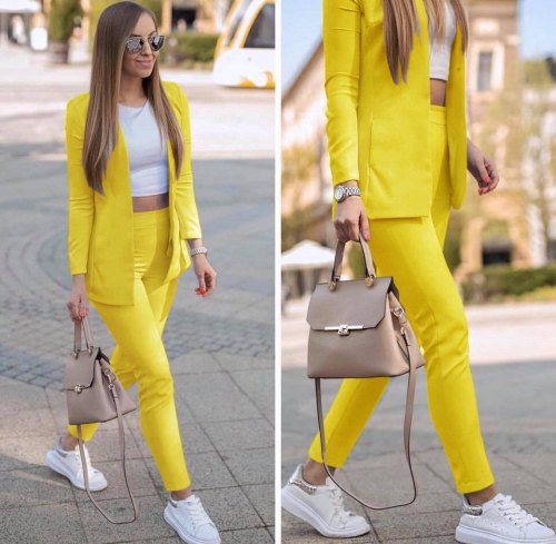 Дамски комплект сако и панталон 5008 жълт