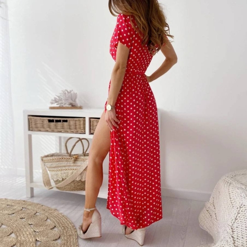 Дамска дълга рокля на точки FG8984 червен