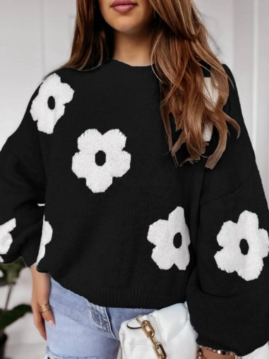 Дамски пуловер цветя K88288 черен