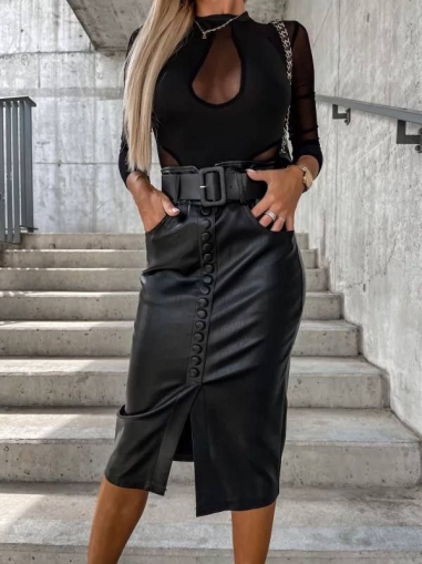 Дамска кожена пола с висока талия и колан A1291 черен