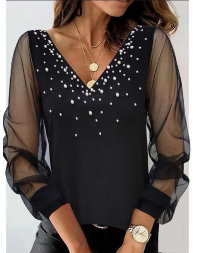 Дамска блуза с перли и тюл B9412 черен