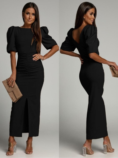 Rochie elegantă de damă cu set și fante K5803 negru