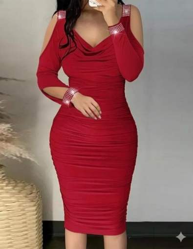 дамска рокля с декорация камъни  J46146 червен