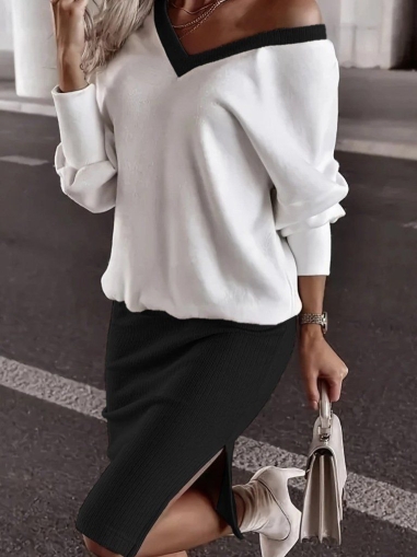 дамски компект две части с V деклоте J61673 бял/черен