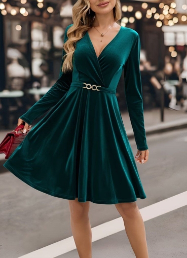 дамска рокля с катарама кадифе  J12003 зелен