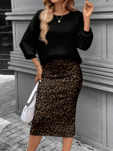 дамски компект две части пола леопардов принт и блуза черна  J61994