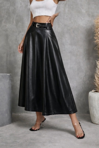 дамска пола еко кожа висока талия без колан талията J89028