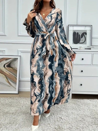 дамска рокля с прехлупване с колан и шарки  J61707