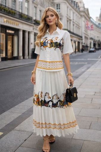 дамски компект плисирана пола и сако с шарки AS7909 бял