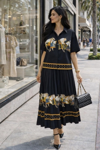 дамски компект плисирана пола и сако с шарки AS7909 черен