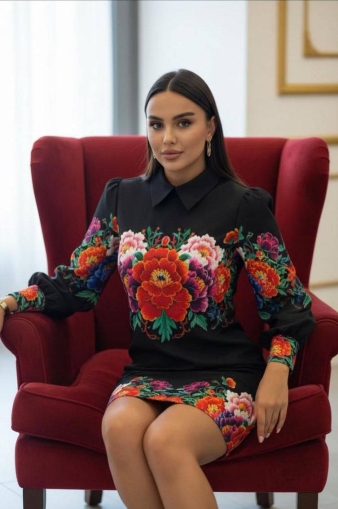 дамска рокля сатен щампа NI2861 черен