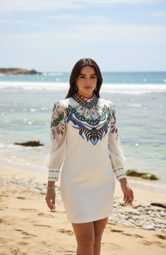 дамска рокля сатен щампа NI2861 бял