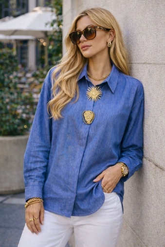 дамска риза плат тенцел с брошка AS7947 син