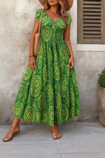 дамска рокля с V деклоте с принт   J55190 зелен