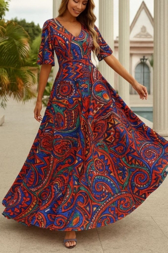 дамска рокля с V деклоте с принт   J44038-22