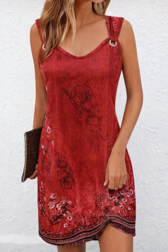 дамска рокля с  презрамки V деклоте  и шарки   J76273  червен