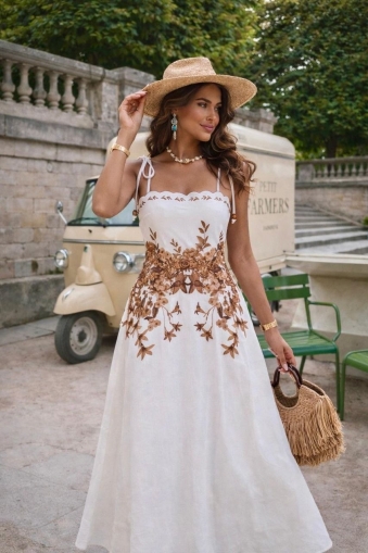 дамска рокля с шарки  AS7582 кафяв/бял