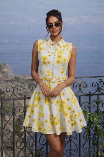 дамска рокля разкроена с флорален мотив  AS7605 жълт