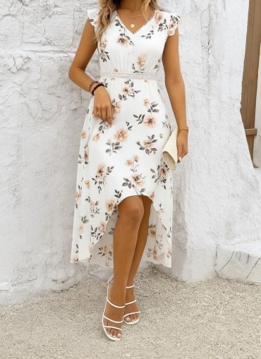 дамска рокля с V деклоте къса предница и дълъг гръб J76174 бял/сив