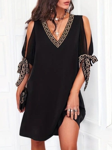 дамска рокл с панделки на ръкавите и детайл J12038