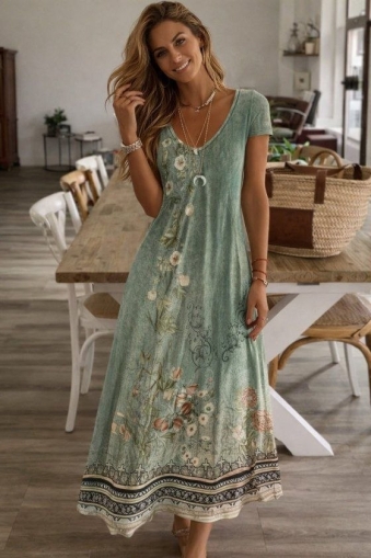 дамска рокля с V деклоте с шарки  дълга  J76274