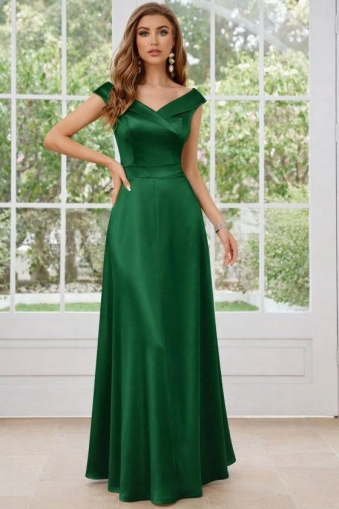 Дамска дълга сатенена рокля с къс ръкав и прегъната яка J4658 зелен