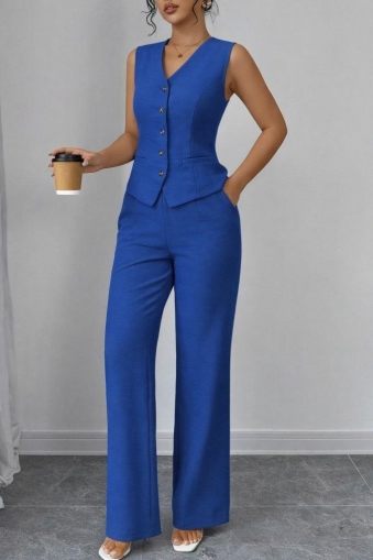  Дамски комплект от две части - блуза и панталон без ръкави с копчета отпред  лен  J46170 син